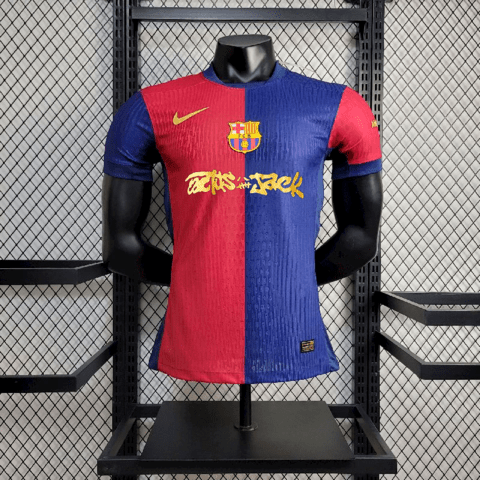 Camisa Barcelona Edição Especial Travis Scott 2025 Vermelha e Azul Masculina